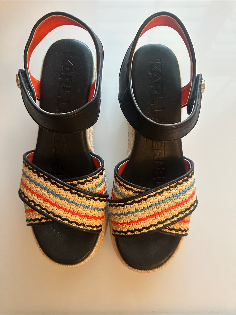 Karl Lagerfeld Black Espadrille Wedges with Multicolor Braided Straps
